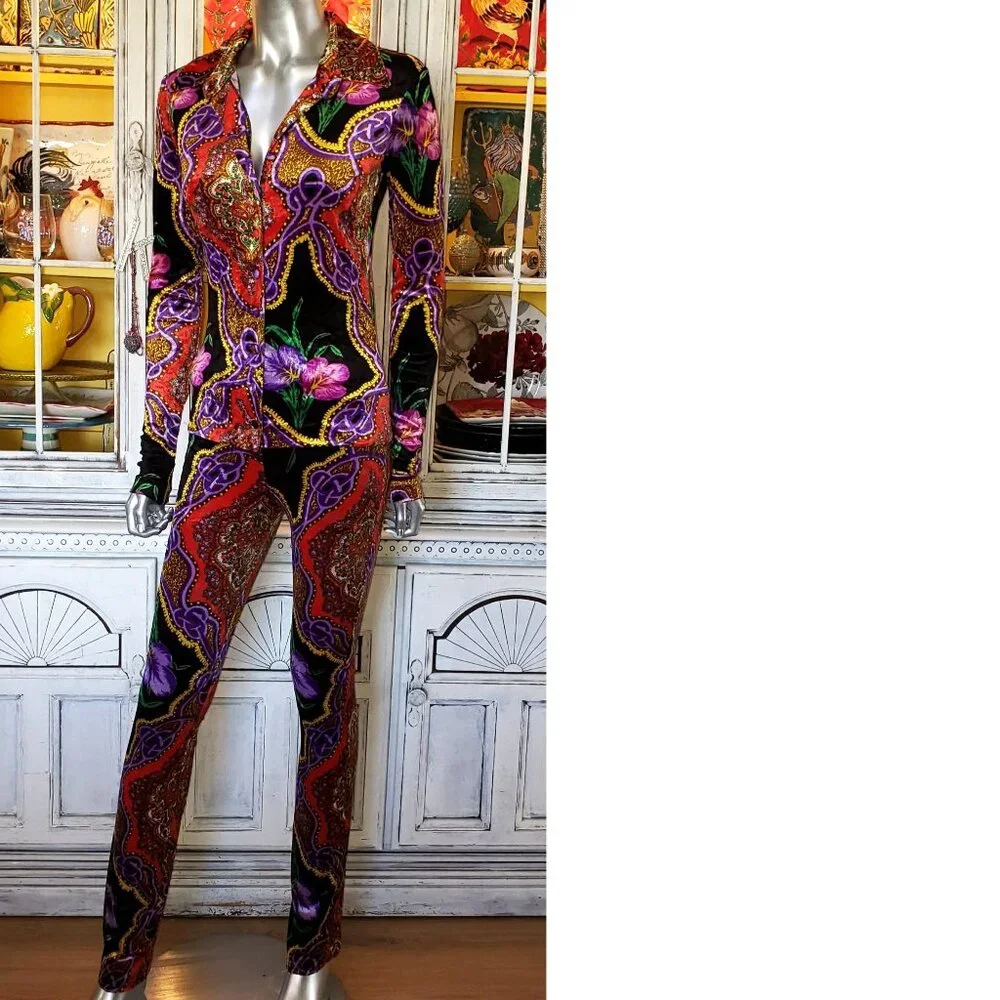 Vintage Betsey Johnson Floral Leopard Stretch Velvet Jeans Pants Dress Top Shirt - Picture 3 of 16